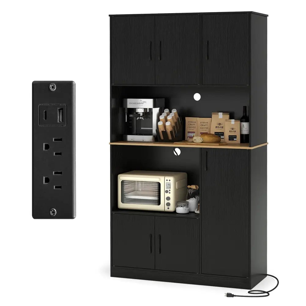 71’’ Tall Kitchen Pantry Cabinet with Charging Station Wooden Buffet Cupboard Sideboard-Black - Black - Sideboards
