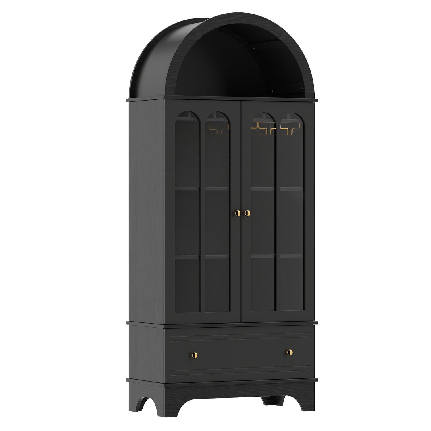 71.5 Inch Arched Cabinet 5-Tier with Tempered Glass Doors and Wine Rack-Black