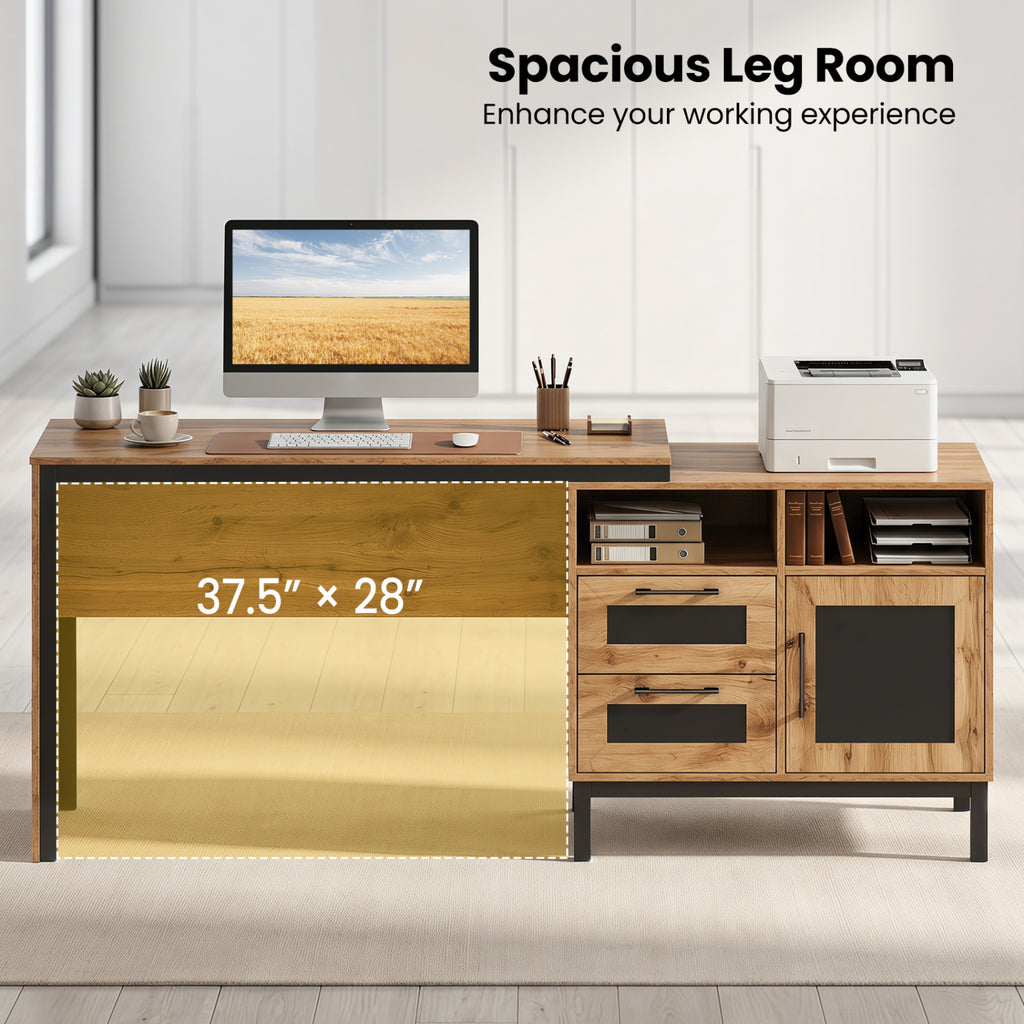 71-Inch Computer Table with Open Compartments and Drawers-Natural