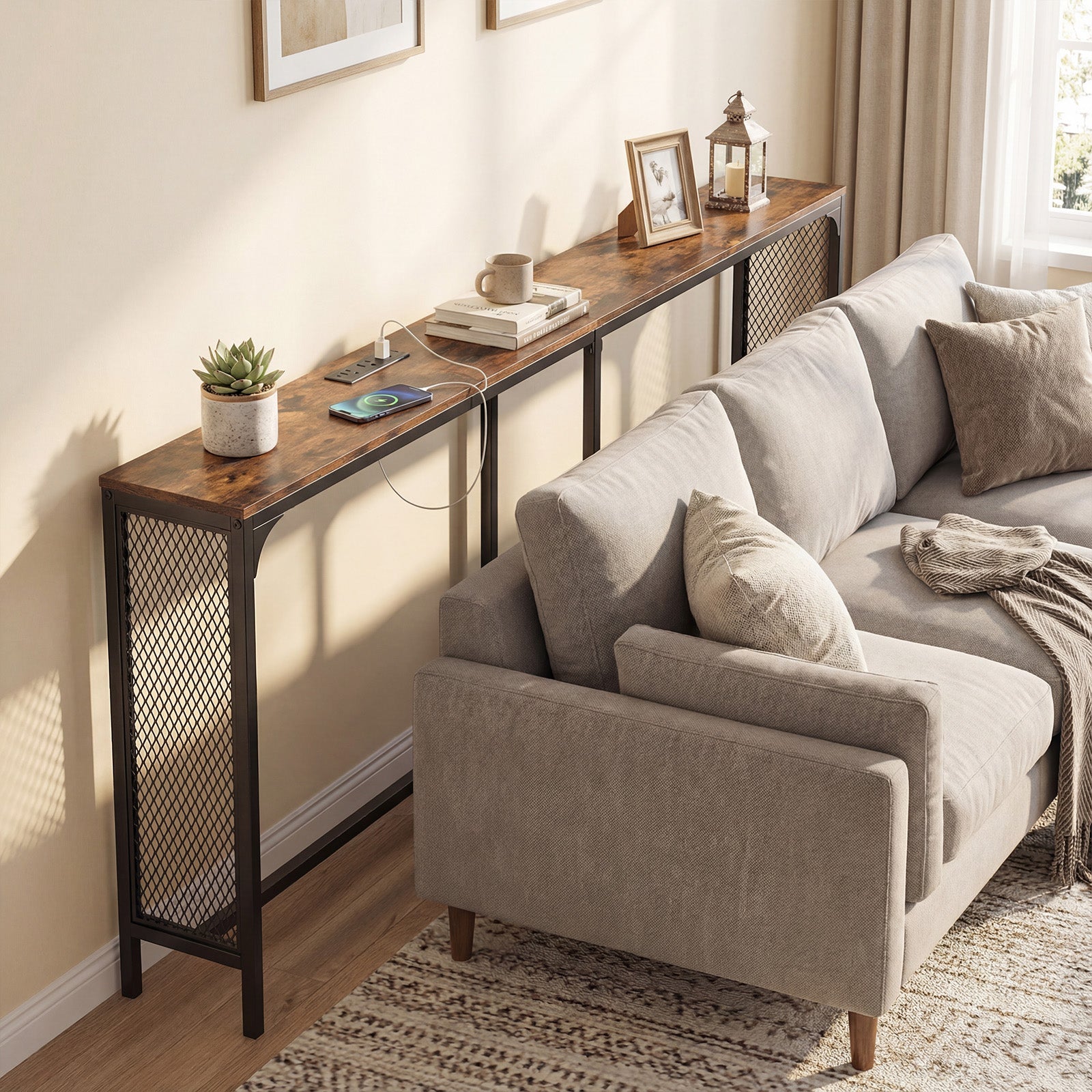 71 Inch Narrow Console Table with Power Outlet for Small Space-Rustic Brown