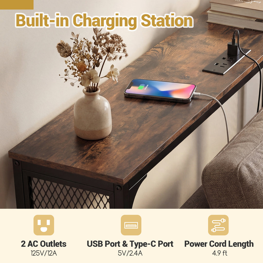 71 Inch Narrow Console Table with Power Outlet for Small Space-Rustic Brown