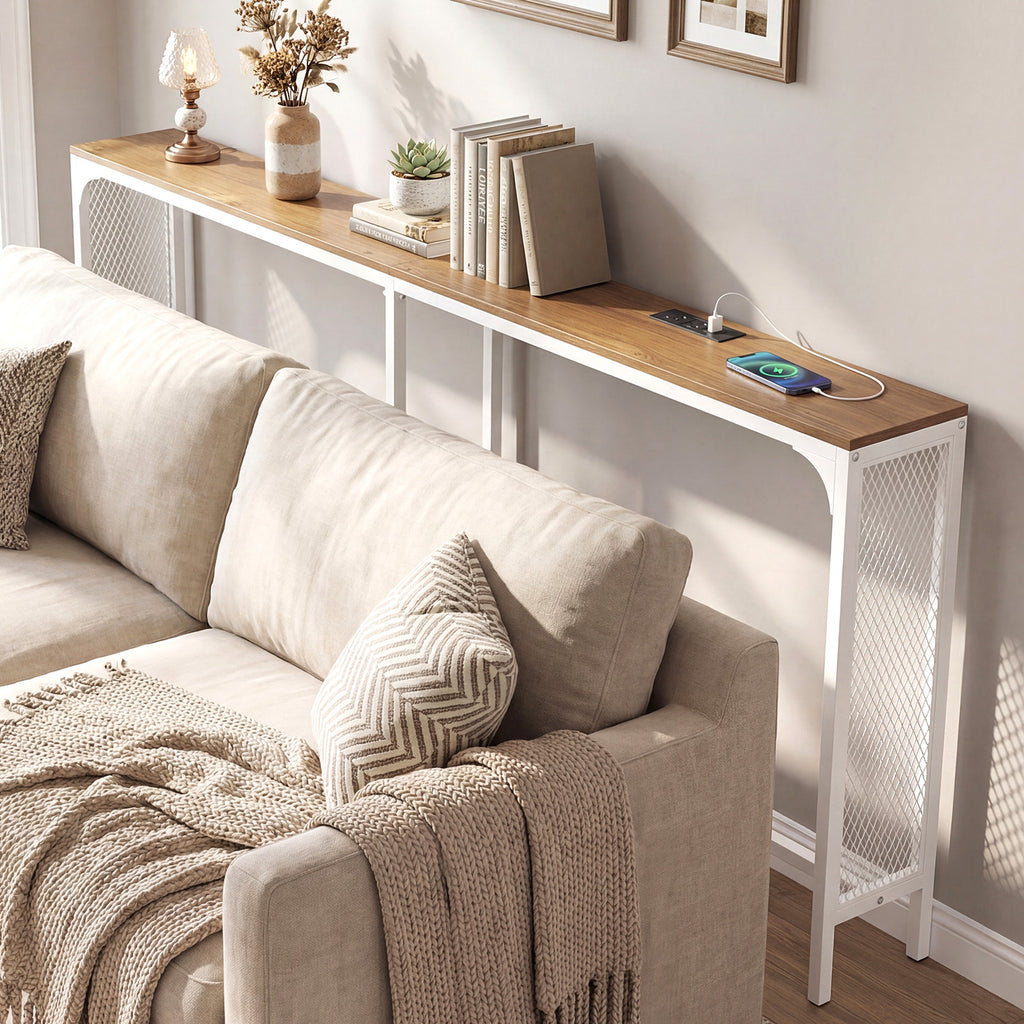 Console étroite de 71 pouces avec prise de courant pour petit espace - Naturel