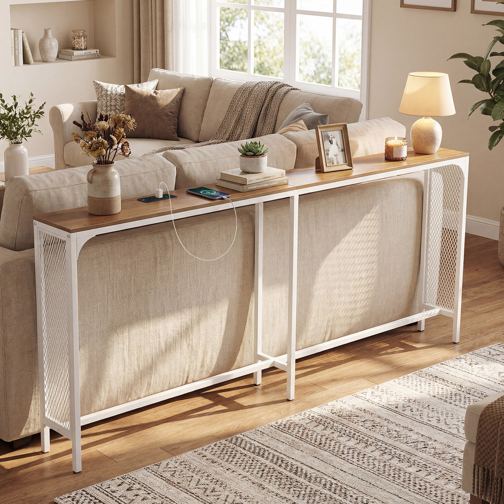 Console étroite de 71 pouces avec prise de courant pour petit espace - Naturel