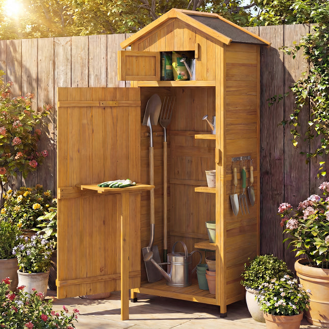 70 Inch Tall Garden Tool Storage Cabinet with Lockable Doors and Foldable Table-Natural