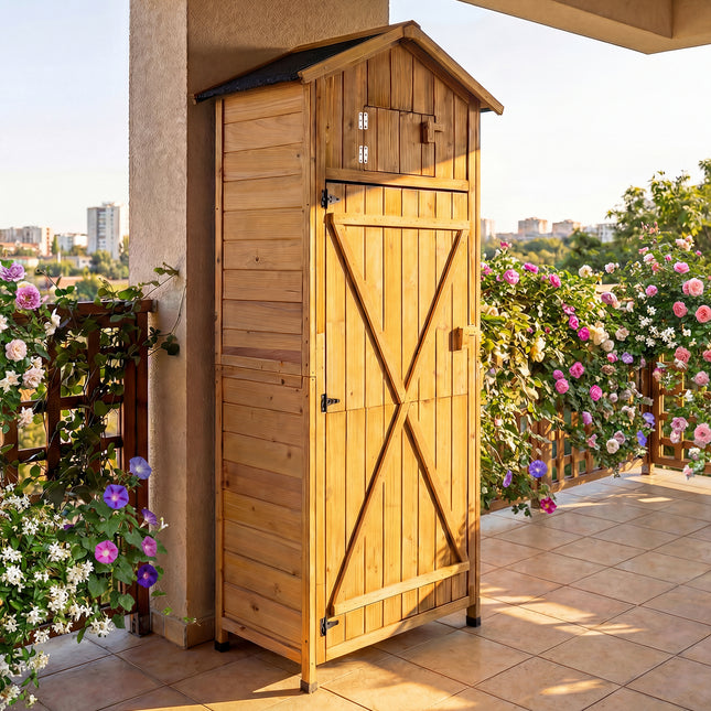 70 Inch Tall Garden Tool Storage Cabinet with Lockable Doors and Foldable Table-Natural