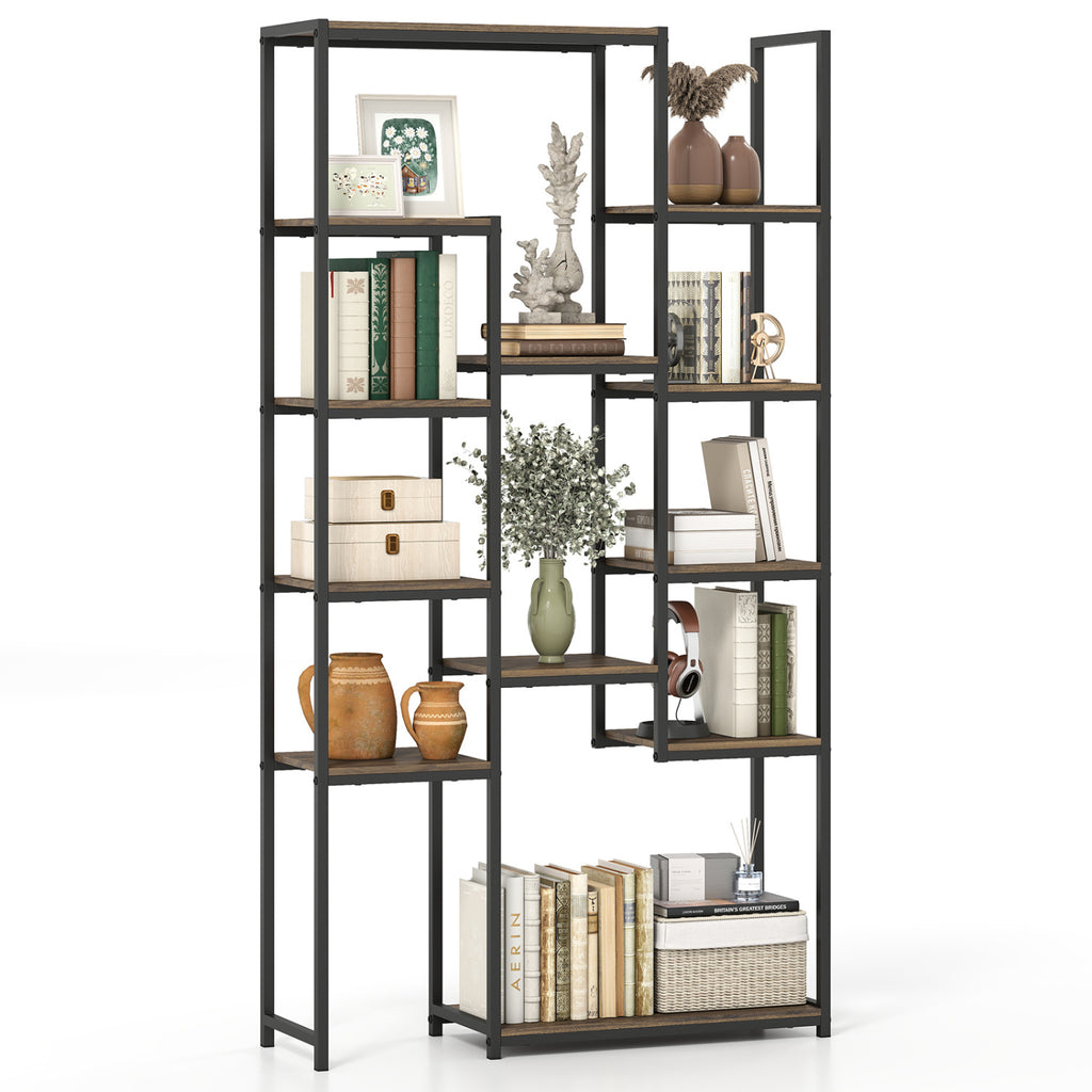 71 Inch Tall Vintage Geometric  Bookshelf 12 Open Shelves-Walnut