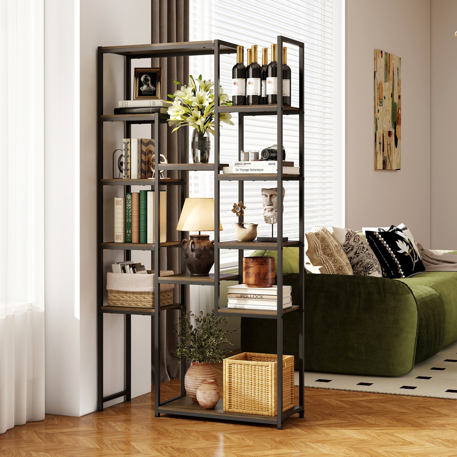 71 Inch Tall Vintage Geometric  Bookshelf 12 Open Shelves-Walnut