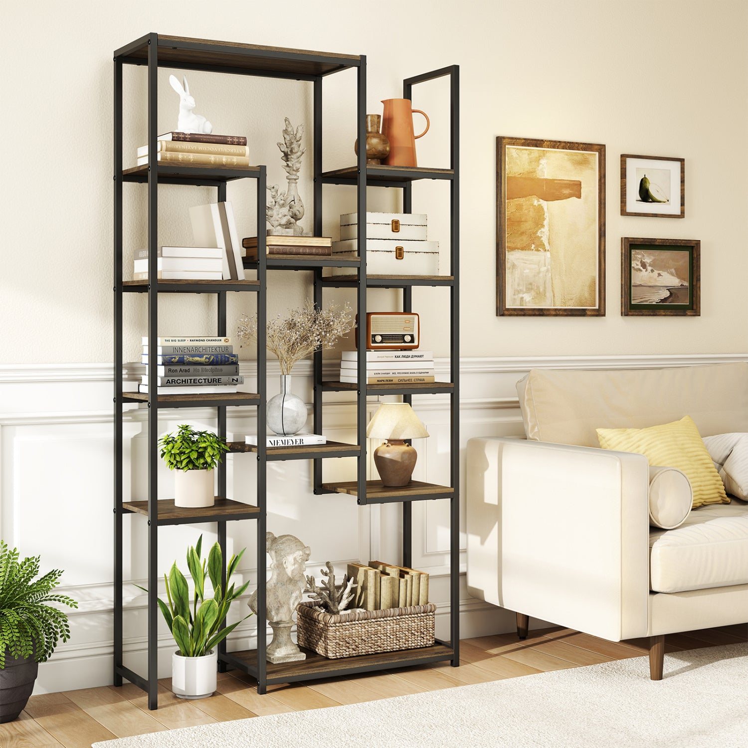 71 Inch Tall Vintage Geometric  Bookshelf 12 Open Shelves-Walnut