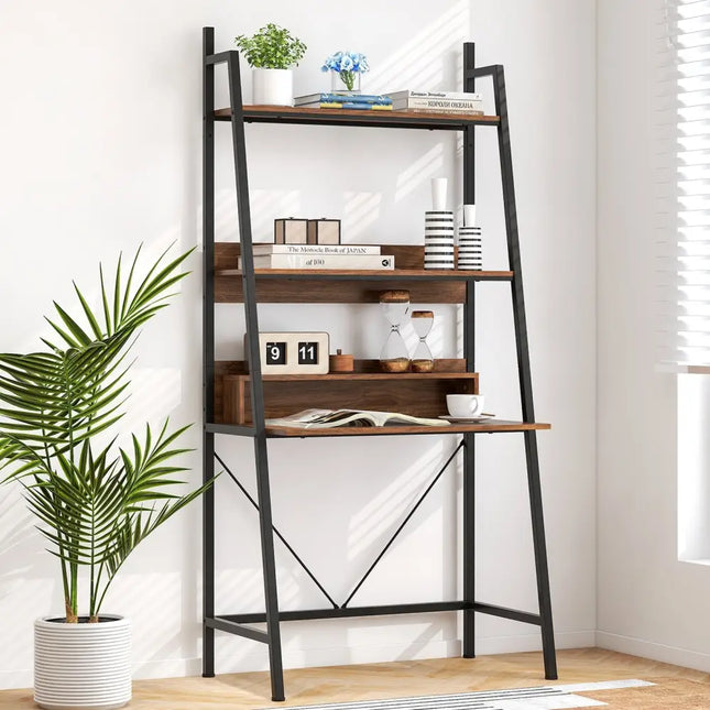 71â€ High Freestanding Laptop Desk with Open Shelves for Living Room Bedroom Study-Brown - Brown - Laptop Tables &