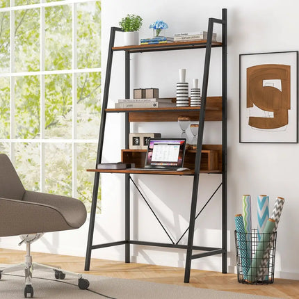 71â€ High Freestanding Laptop Desk with Open Shelves for Living Room Bedroom Study-Brown - Brown - Laptop Tables &