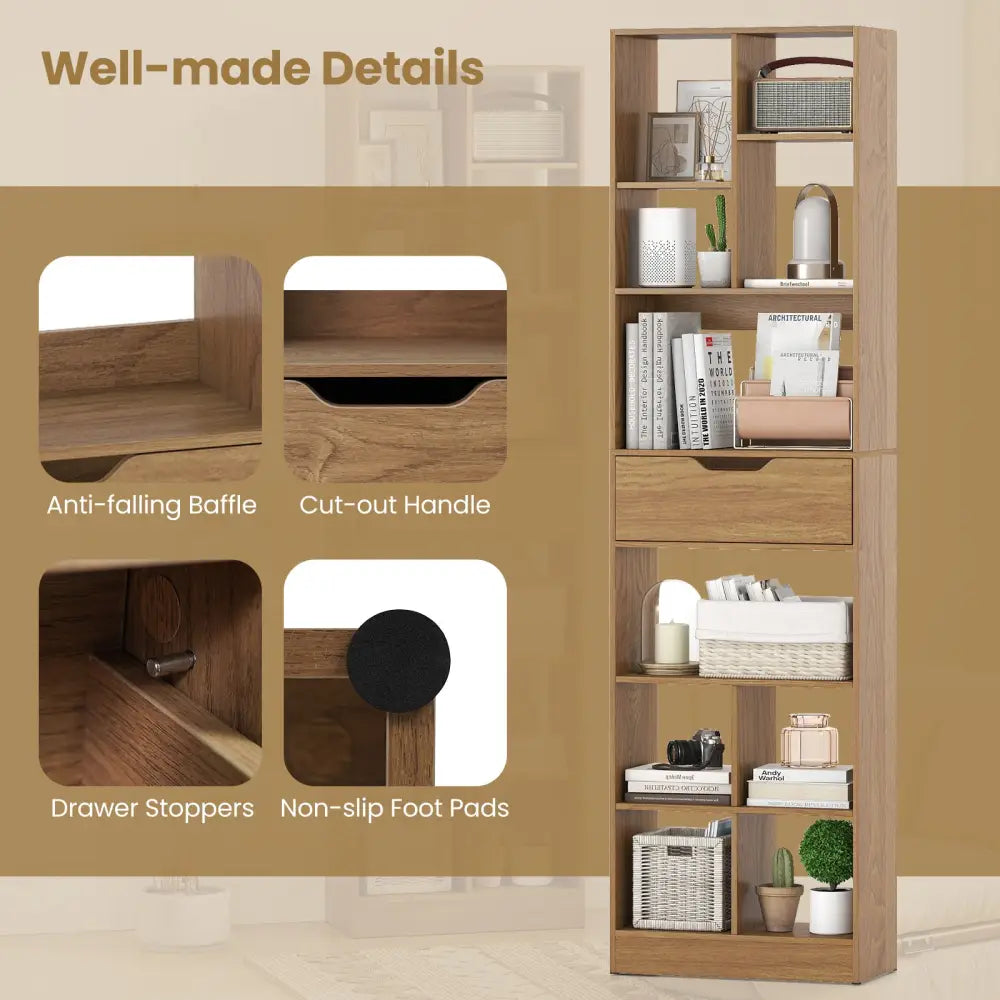 71inch Tall Freestanding Bookcase with Drawer 10-Cube Storage Organizer-Natural - Natural - Bookcases
