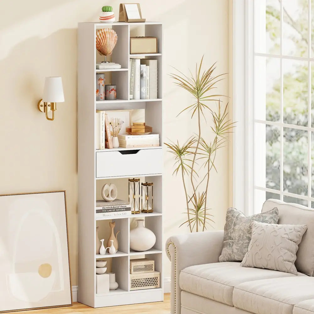 71inch Tall Freestanding Bookcase with Drawer 10-Cube Storage Organizer-White - White - Bookcases