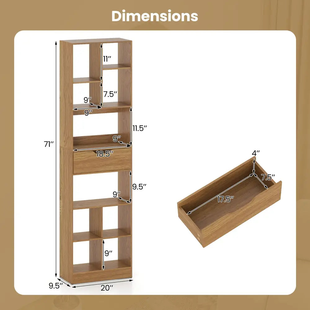 71inch Tall Freestanding Bookcase with Drawer 10-Cube Storage Organizer-Natural - Natural - Bookcases