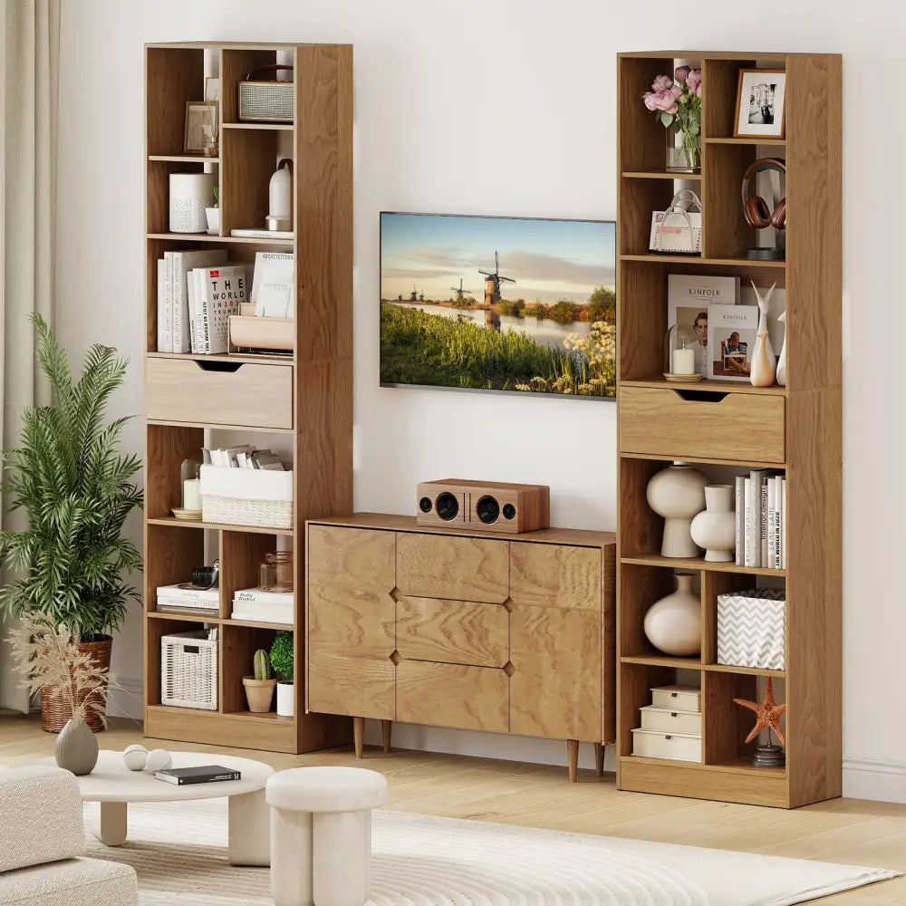 71inch Tall Freestanding Bookcase with Drawer 10-Cube Storage Organizer-Natural - Natural - Bookcases