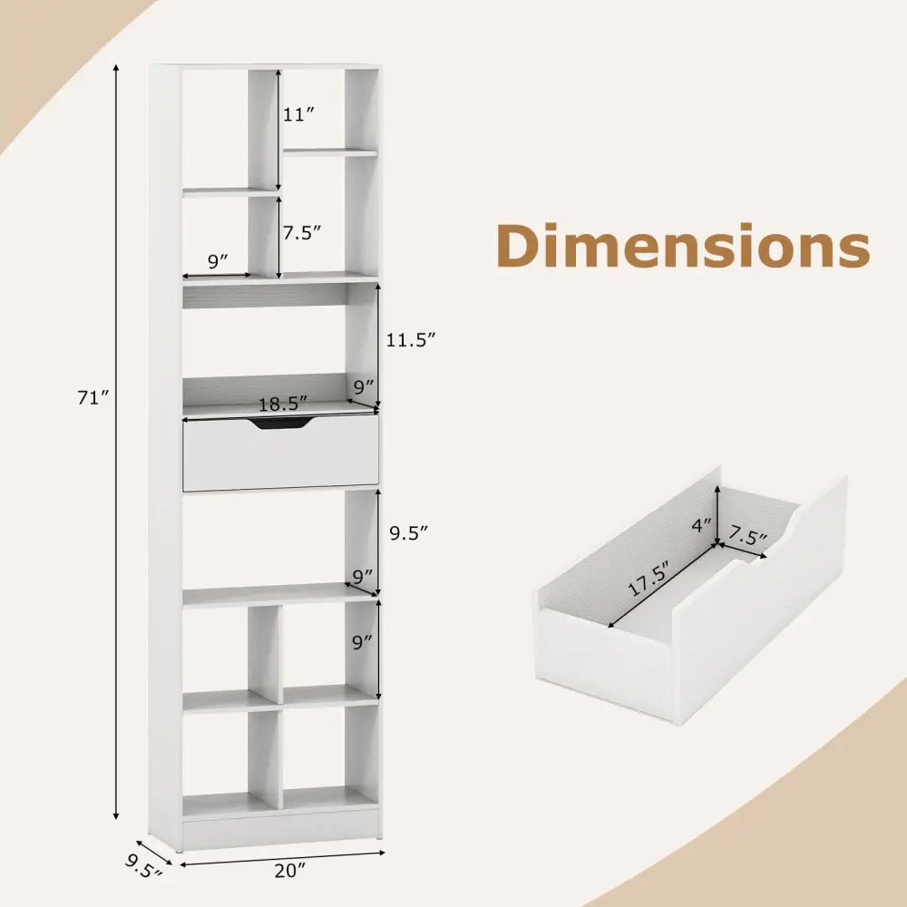 71inch Tall Freestanding Bookcase with Drawer 10-Cube Storage Organizer-White - White - Bookcases