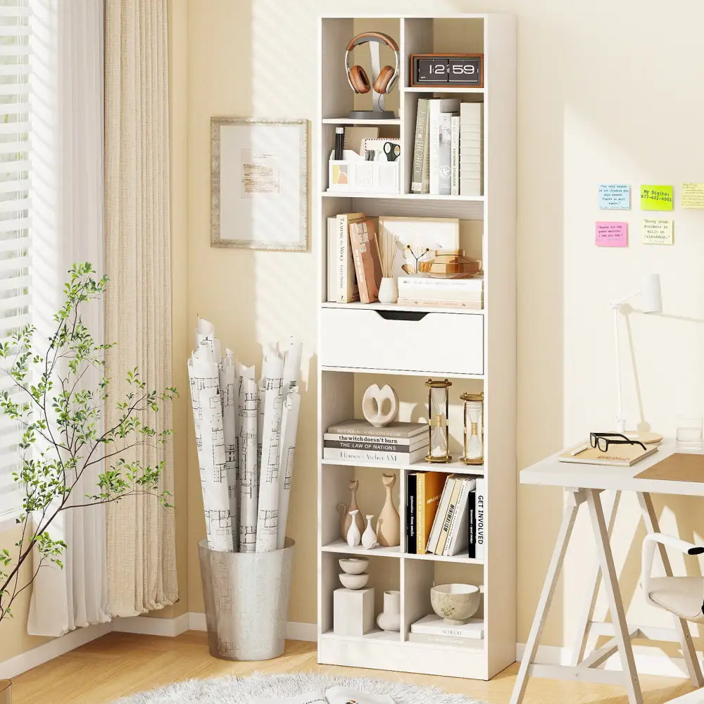 71inch Tall Freestanding Bookcase with Drawer 10-Cube Storage Organizer-White - White - Bookcases