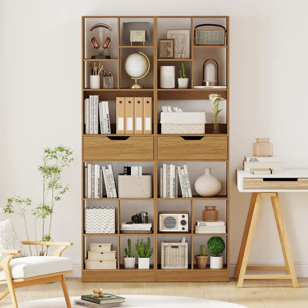 71inch Tall Freestanding Bookcase with Drawer 10-Cube Storage Organizer-Natural - Natural - Bookcases