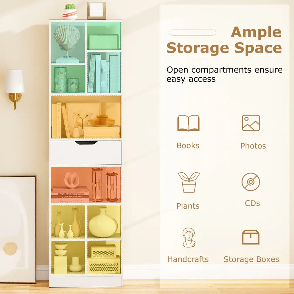71inch Tall Freestanding Bookcase with Drawer 10-Cube Storage Organizer-White - White - Bookcases