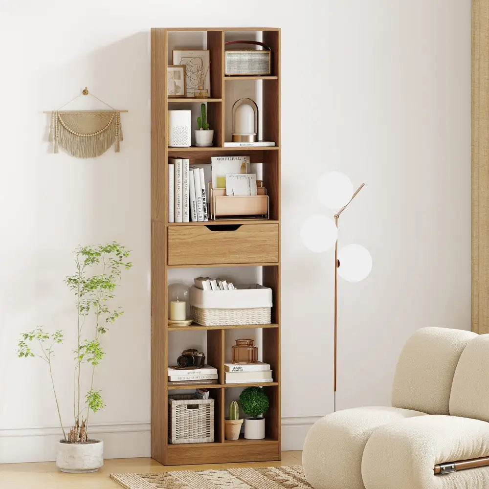 71inch Tall Freestanding Bookcase with Drawer 10-Cube Storage Organizer-Natural - Natural - Bookcases