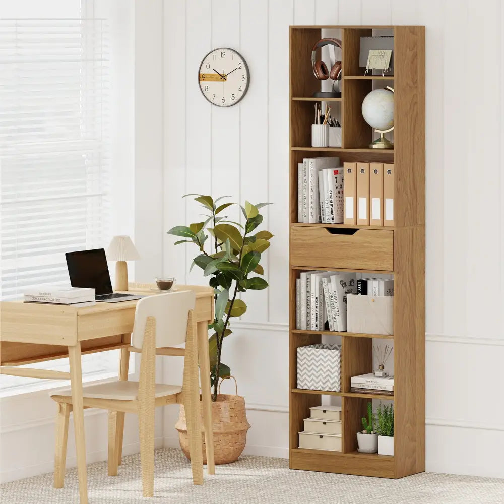 71inch Tall Freestanding Bookcase with Drawer 10-Cube Storage Organizer-Natural - Natural - Bookcases