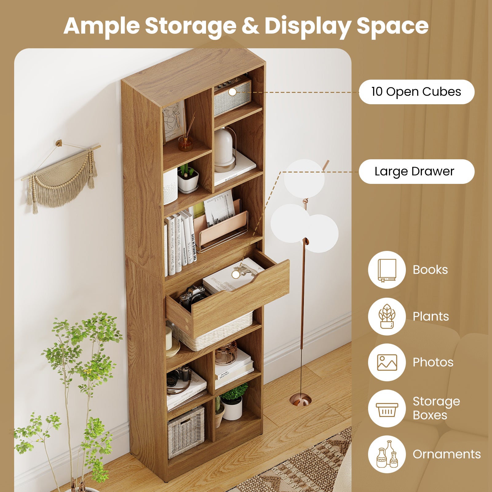 71inch Tall Freestanding Bookcase with Drawer 10-Cube Storage Organizer-Natural