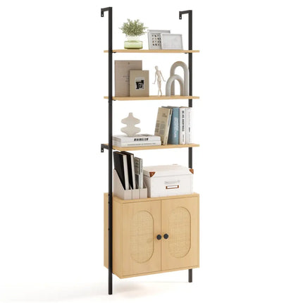 72.5 Inch 6-Tier Wall Mounted Ladder Bookshelf with Rattan Cabinet-Natural - Natural - Bookcases