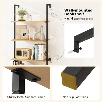 72.5 Inch 6-Tier Wall Mounted Ladder Bookshelf with Rattan Cabinet-Natural - Natural - Bookcases