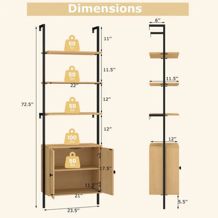 72.5 Inch 6-Tier Wall Mounted Ladder Bookshelf with Rattan Cabinet-Natural - Natural - Bookcases