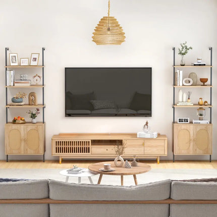 72.5 Inch 6-Tier Wall Mounted Ladder Bookshelf with Rattan Cabinet-Natural - Natural - Bookcases