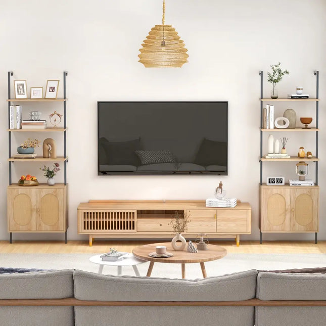 72.5 Inch 6-Tier Wall Mounted Ladder Bookshelf with Rattan Cabinet-Natural - Natural - Bookcases