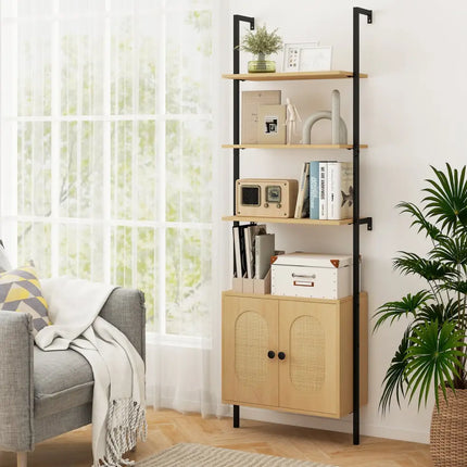 72.5 Inch 6-Tier Wall Mounted Ladder Bookshelf with Rattan Cabinet-Natural - Natural - Bookcases