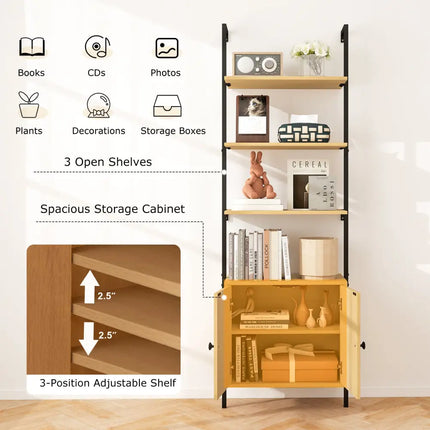72.5 Inch 6-Tier Wall Mounted Ladder Bookshelf with Rattan Cabinet-Natural - Natural - Bookcases