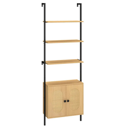 72.5 Inch 6-Tier Wall Mounted Ladder Bookshelf with Rattan Cabinet-Natural - Natural - Bookcases