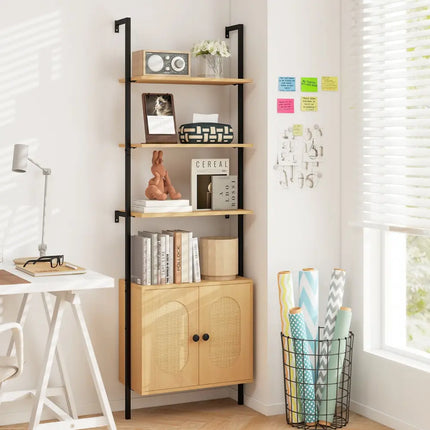 72.5 Inch 6-Tier Wall Mounted Ladder Bookshelf with Rattan Cabinet-Natural - Natural - Bookcases