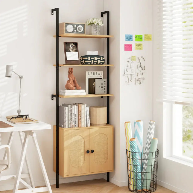 72.5 Inch 6-Tier Wall Mounted Ladder Bookshelf with Rattan Cabinet-Natural - Natural - Bookcases