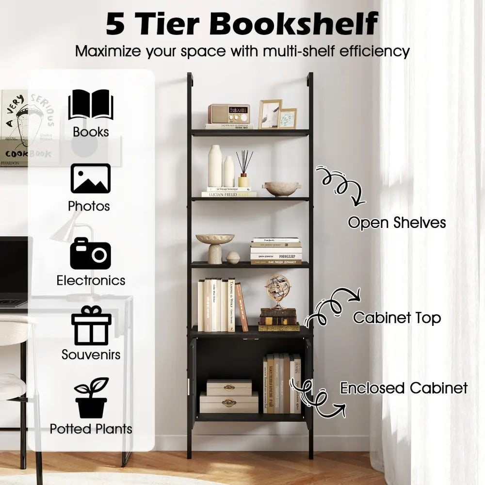 72.5 Inch Tall Bookshelf with Cabinet Anti-Tipping Kits and Metal Frame-Black - Black - Bookcases