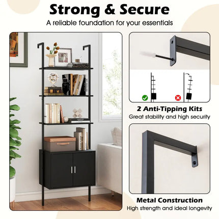 72.5 Inch Tall Bookshelf with Cabinet Anti-Tipping Kits and Metal Frame-Black - Black - Bookcases