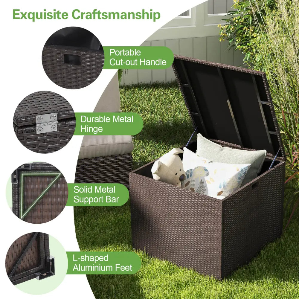 72 Gallon Rattan Outdoor Storage Box with Zippered Liner and Solid Pneumatic Rod - Brown - Sheds & Outdoor Storage
