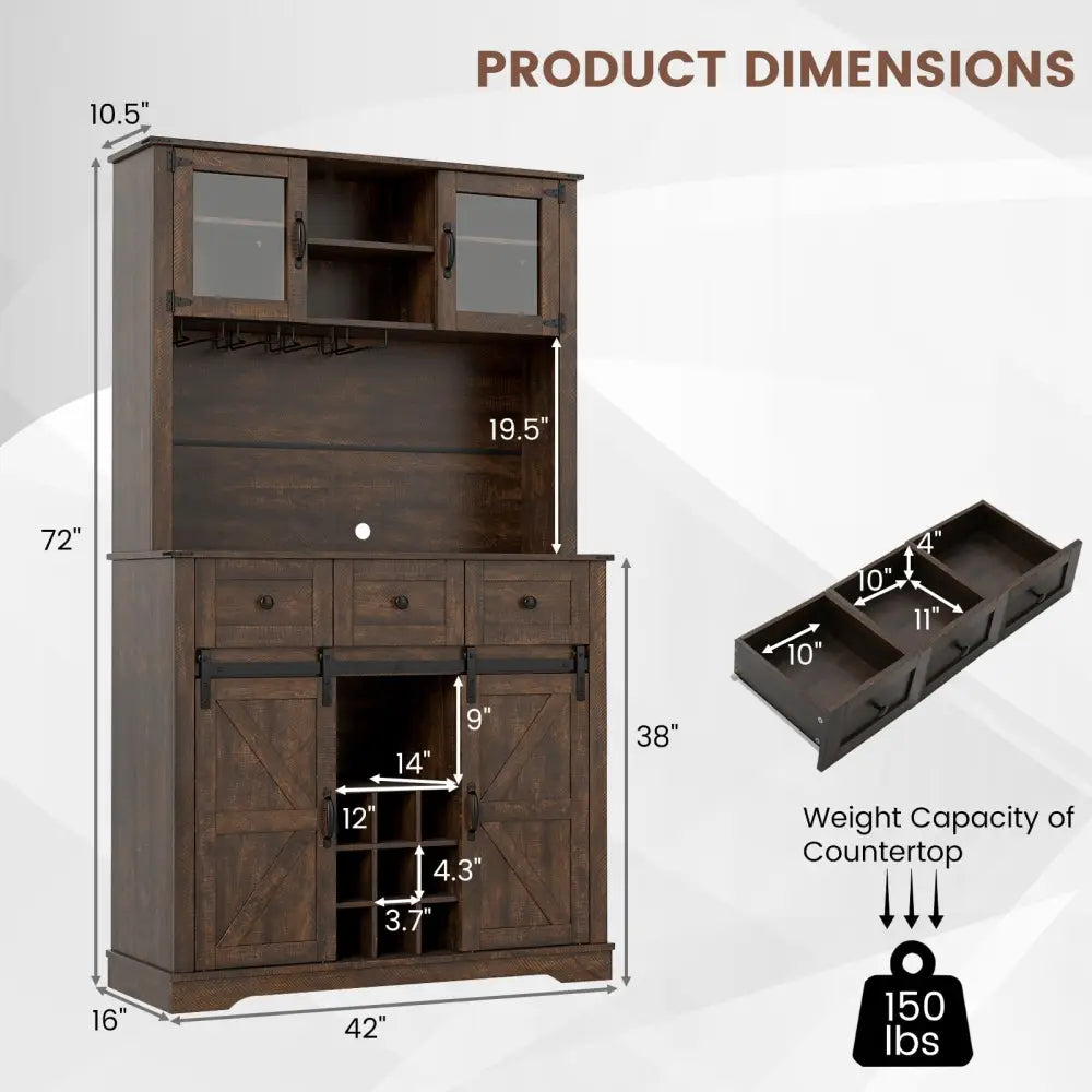 72 Inch Coffee Bar Cabinet with Drawers and Sliding Barn Doors-Brown - Brown - Sideboards Cabinets & Buffets