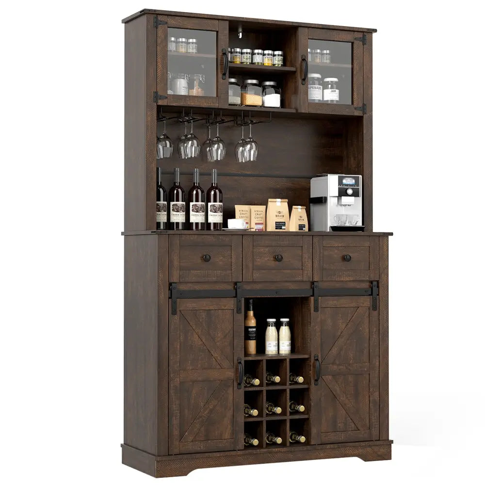72 Inch Coffee Bar Cabinet with Drawers and Sliding Barn Doors-Brown - Brown - Sideboards Cabinets & Buffets