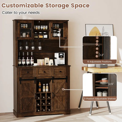 72 Inch Coffee Bar Cabinet with Drawers and Sliding Barn Doors-Brown - Brown - Sideboards Cabinets & Buffets
