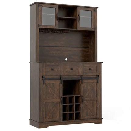 72 Inch Coffee Bar Cabinet with Drawers and Sliding Barn Doors-Brown - Brown - Sideboards Cabinets & Buffets