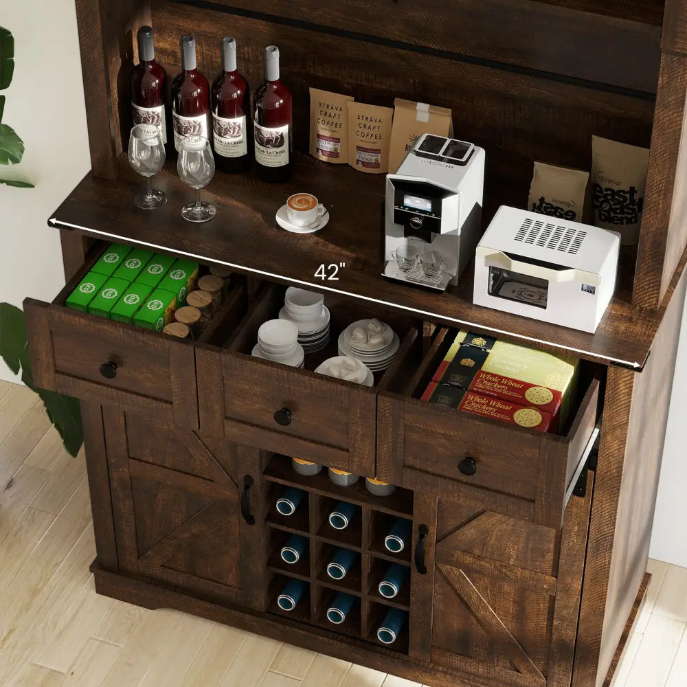 72 Inch Coffee Bar Cabinet with Drawers and Sliding Barn Doors-Brown - Brown - Sideboards Cabinets & Buffets