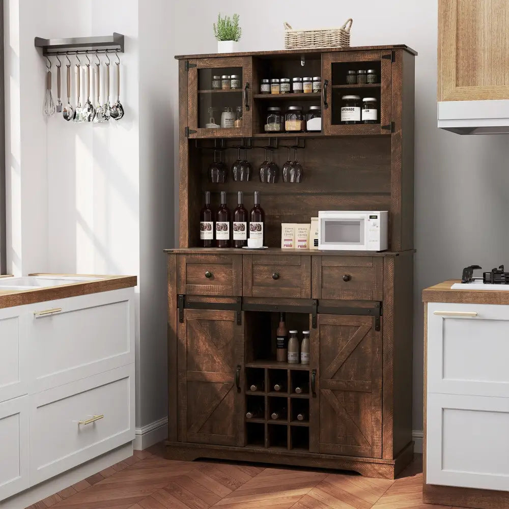 72 Inch Coffee Bar Cabinet with Drawers and Sliding Barn Doors-Brown - Brown - Sideboards Cabinets & Buffets