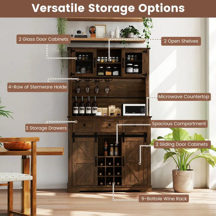 72 Inch Coffee Bar Cabinet with Drawers and Sliding Barn Doors-Brown - Brown - Sideboards Cabinets & Buffets