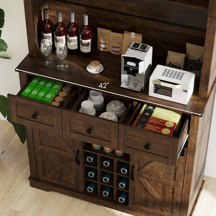 72 Inch Coffee Bar Cabinet with Drawers and Sliding Barn Doors-Brown - Brown - Sideboards Cabinets & Buffets