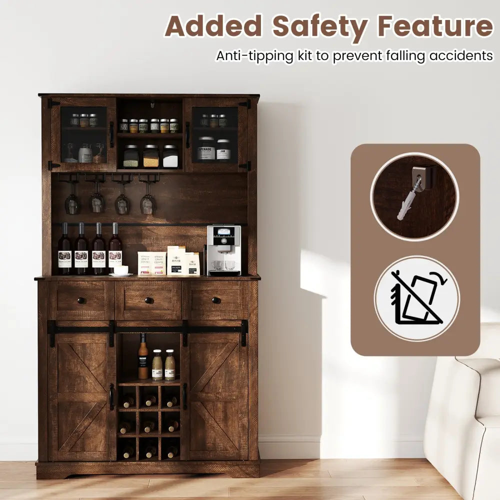 72 Inch Coffee Bar Cabinet with Drawers and Sliding Barn Doors-Brown - Brown - Sideboards Cabinets & Buffets