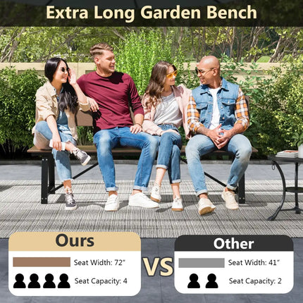 72 Inch Extra Long Bench with All-Weather HDPE Seat & Back for Yard Garden Porch-Brown - Brown - Outdoor Benches