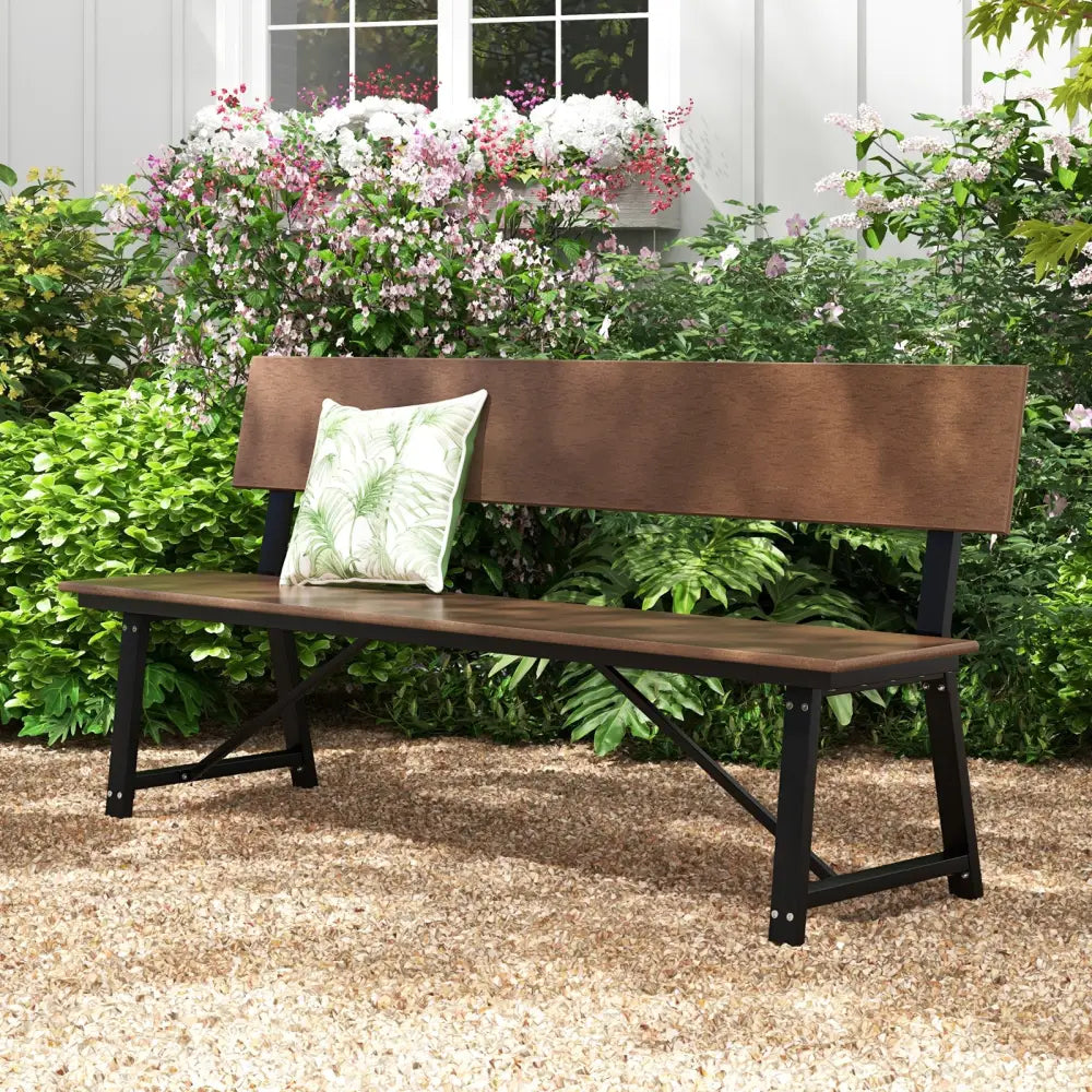 72 Inch Extra Long Bench with All-Weather HDPE Seat & Back for Yard Garden Porch-Brown - Brown - Outdoor Benches