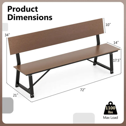 72 Inch Extra Long Bench with All-Weather HDPE Seat & Back for Yard Garden Porch-Brown - Brown - Outdoor Benches